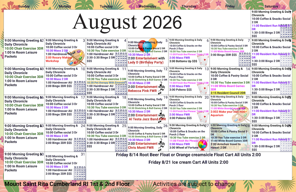 August 2026 Activities Calendar 1st and 2nd Floor