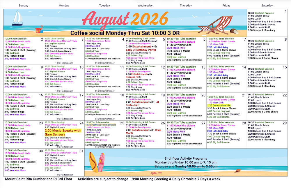 August 2026 Activities Calendar 3rd Floor